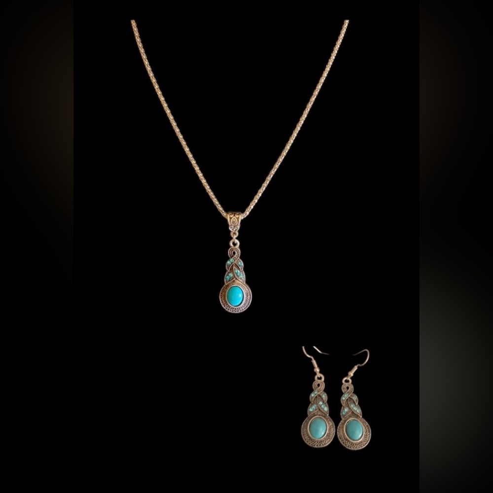 Turquoise silver necklace and earrings sapphire inlaid costume jewelry